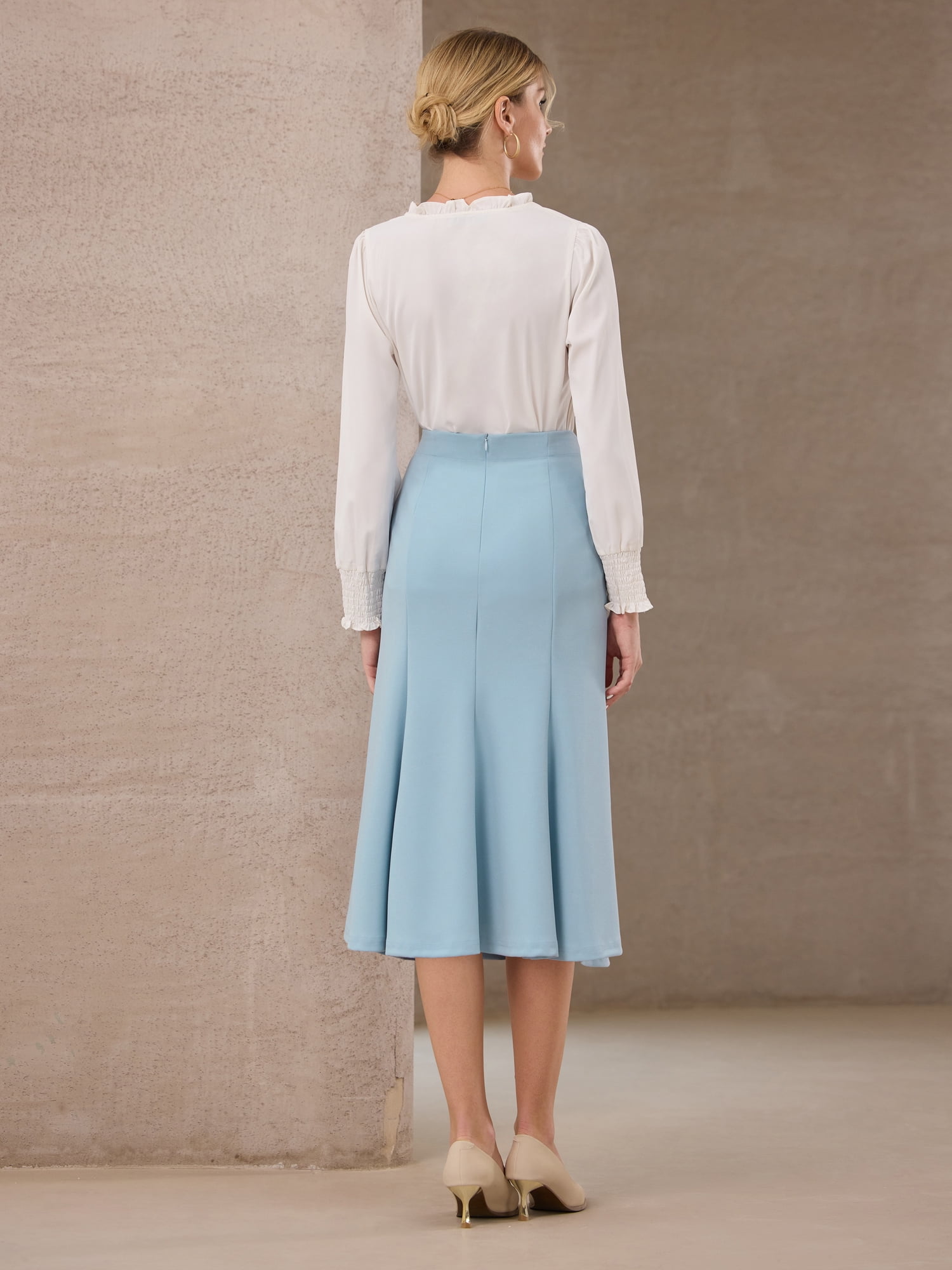 DARING DIVA Women's High Elastic Waist Fishtails Midi Skirts for Work M Blue