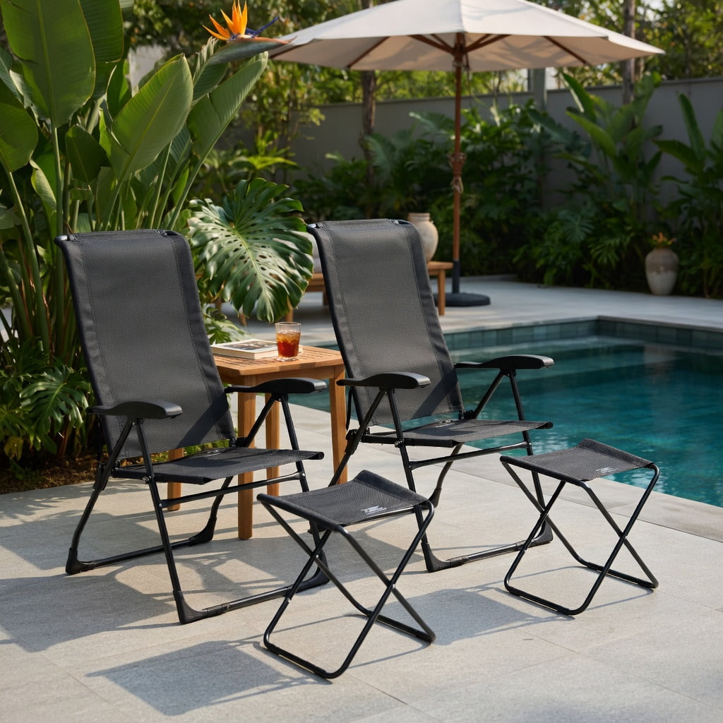 Hommoo 4-Piece Adjustable Reclining Patio Chair & Ottoman Set, Steel Frame with Breathable Mesh, Foldable Outdoor Dining Chairs for Backyard, Garden, Poolside, Gray
