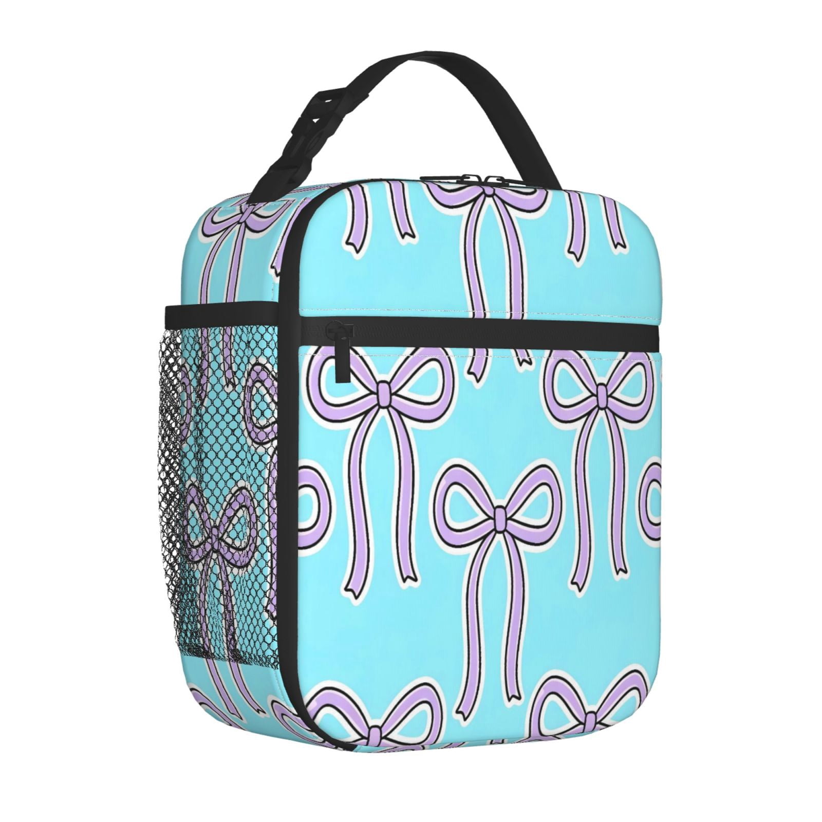 Lunch Bag For Women Men Insulated Portable Lunch Box Bento Box Office Picnic Travel Cooler Bag Purple Bow On Blue Background