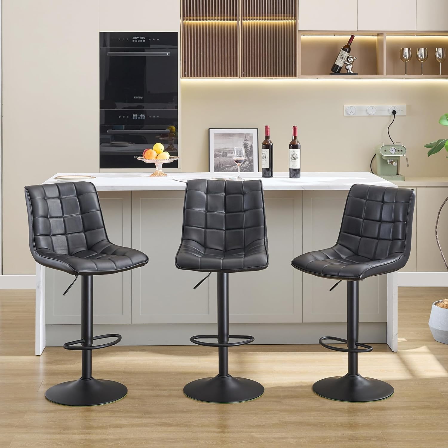 FIRAVOE Bar Stools Set of 3 (High Back)(24"-33" Adjustable) Counter Height Bar Stools, Modern Swivel Barstools Bar Chairs for Kitchen Island, Black