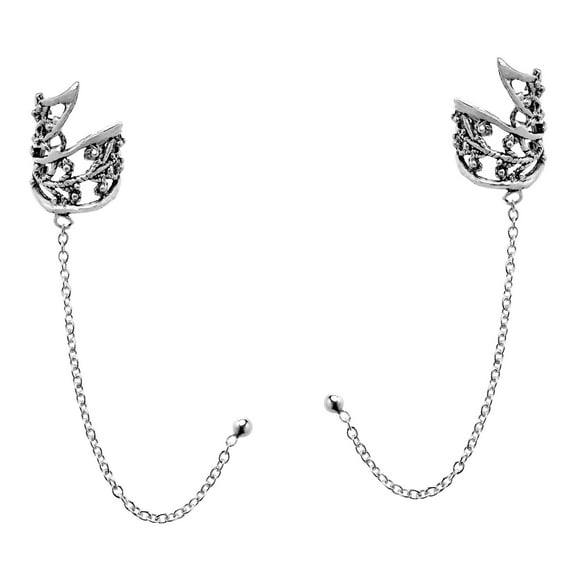 Trendy Leaf Ear Cuff & Chain Sterling Silver Stud Earrings