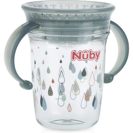 Nuby Tritan No Spill 2 Handle 360 Degree Printed Wonder Cup Gray rain print, Red penguin, Aqua dinosaurs