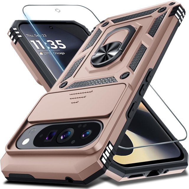 KOMI Case Compatible with Google Pixel 9 Pro XL Built in Slide Camera Lens Cover+Screen Protector+Finger Ring Holder Kickstand,Heavy Duty Shockproof Full Body Protective Phone Cover, Rose Gold