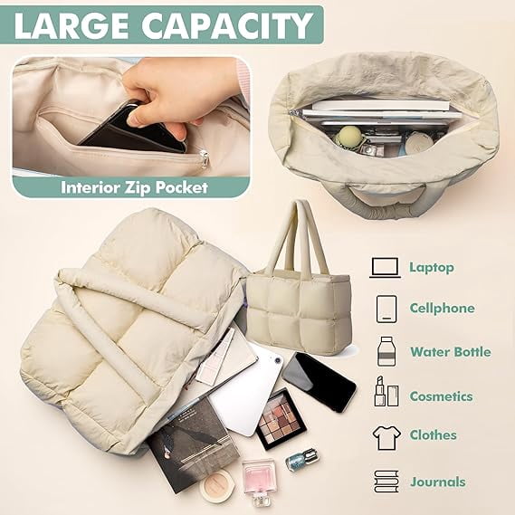 Puffer Tote Bag for Women, Large Quilted Puffy Handbag Lightweight Satchel Purse for Work Travel Gym Shop