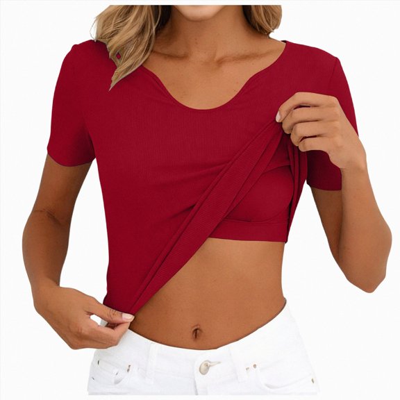UOCUFY Womens Short Sleeve Shirts with Built in Bra V Neck Basic T-Shirts Workout Yoga Tops Athletic Shelf Bra Tops Padded (Red, S)