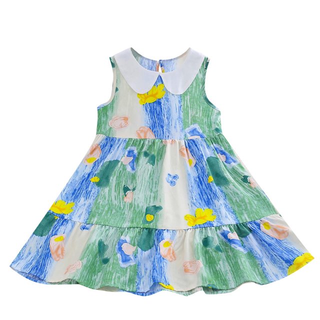 yoeyez Robes pour Enfants Filles 4-16 Fête Enfants Petites Filles Sans Manches Fleur à Étages Col Claudine Robe d'Été Volantée Fluide Maxi Robes Vacances Plage Fête Robes Blanc,8-9 Ans