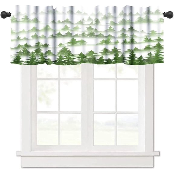 Green Forest Tree Valance Curtain Pine Coniferou Trees Forest Watercolor Style Rod Pocket Valance Window Treatments Short Curtains for Kitchen Farmhouse Decor 54x18inch
