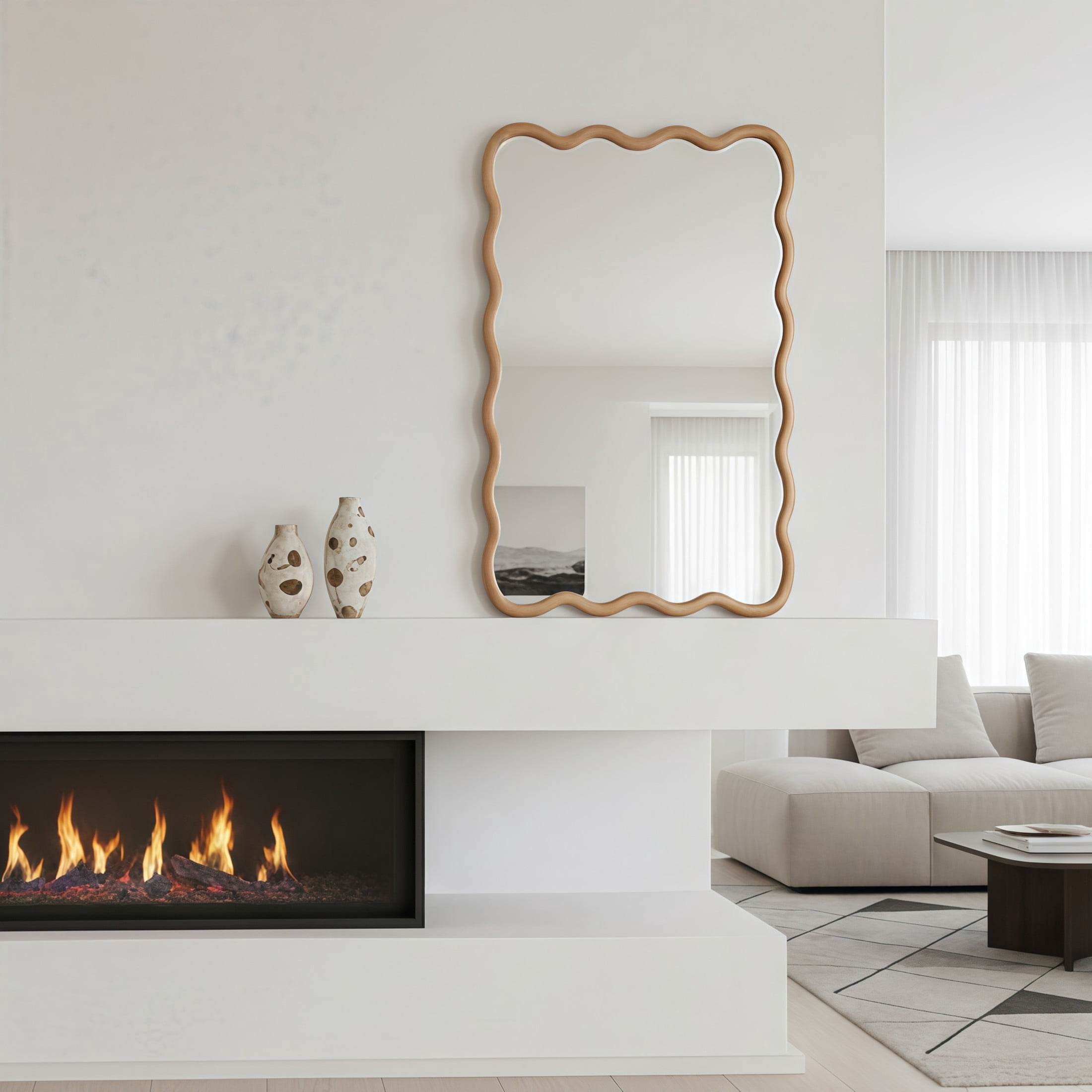 Noble House 20"x30" Wavy Rectangle Wall Mirror, Solid Wood Decorative Vanity Mirror, Natural