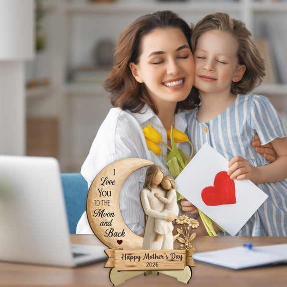 Loyisod Mother's Day Limited Edition Wooden Ornament: Heart-Shaped Moon and Embrace Design with Engraved Gratitude Message—Home Desk Decoration