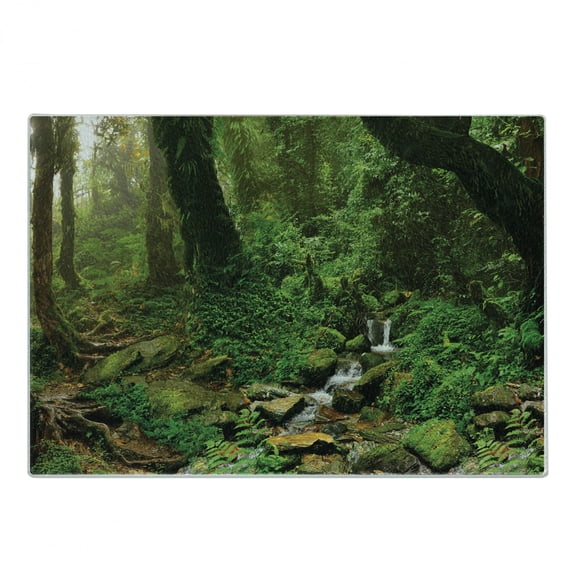 Landscape Cutting Board, Rainforest Trees and Fresh Grass in Nepal Jungle Wildlife Nature Tropical Photo, Decorative Tempered Glass Cutting and Serving Board, Small Size, Green Brown, by Ambesonne