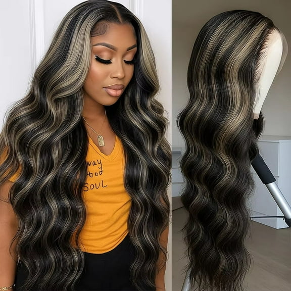 13x6 1b/27 Highlight Ombre Balayage Lace Front Wigs Human Hair Black and Blonde Body Wave Lace Frontal Wig Pre Plucked with Baby Hair for Women HD Transparent 180% Density