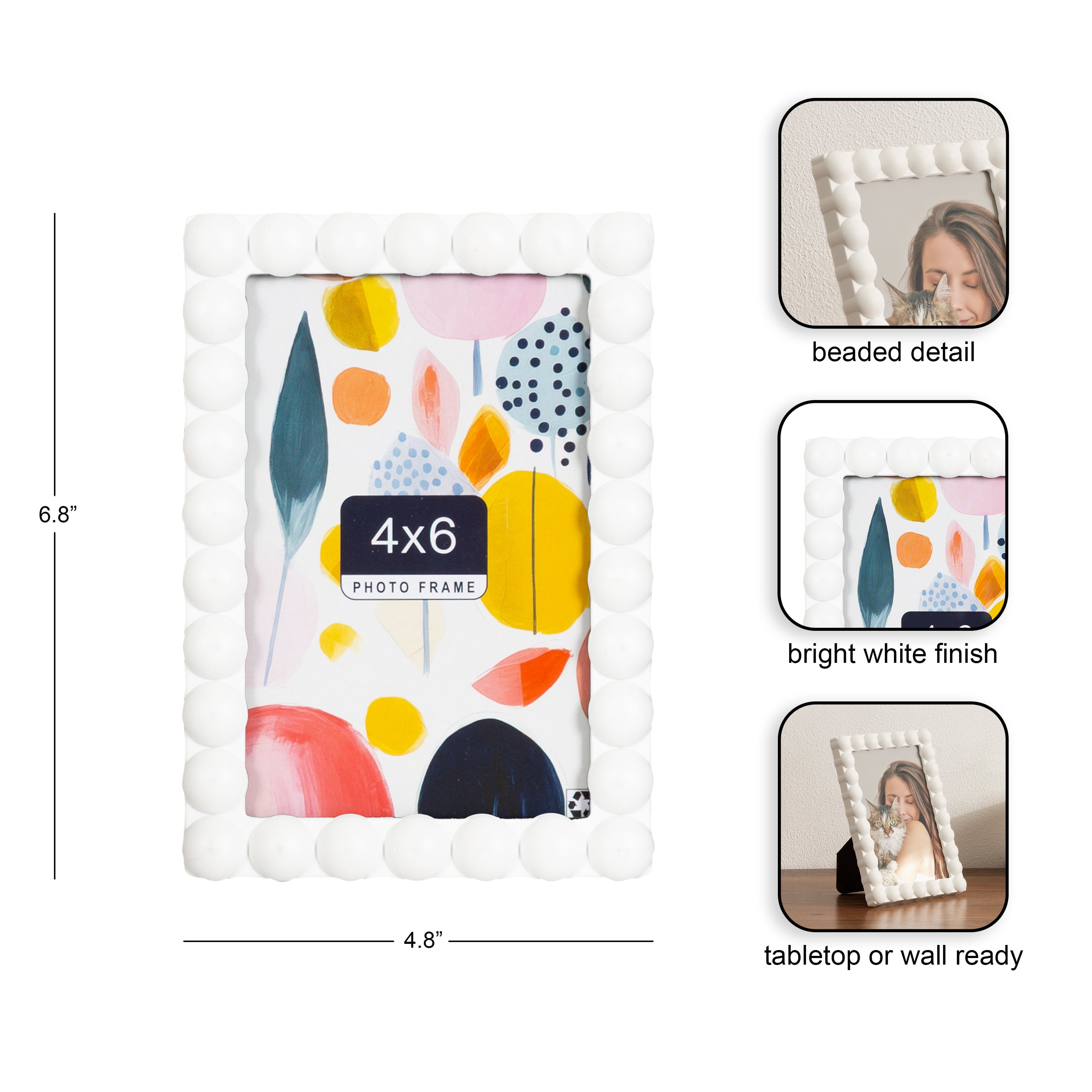 DesignOvation 4x6 Beaded Bright White Decorative Tabletop Picture Frame
