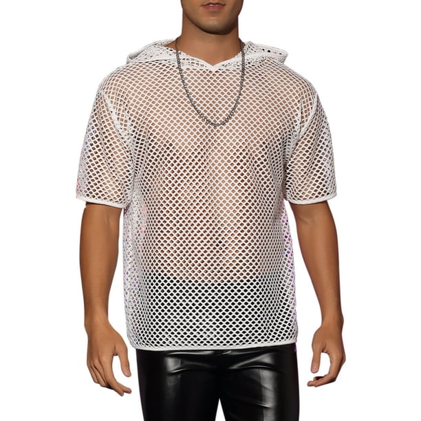 Camisetas de malla transparente INSPIRE CHIC para hombres, camisetas de club de manga corta con capucha, 2XL, blancas