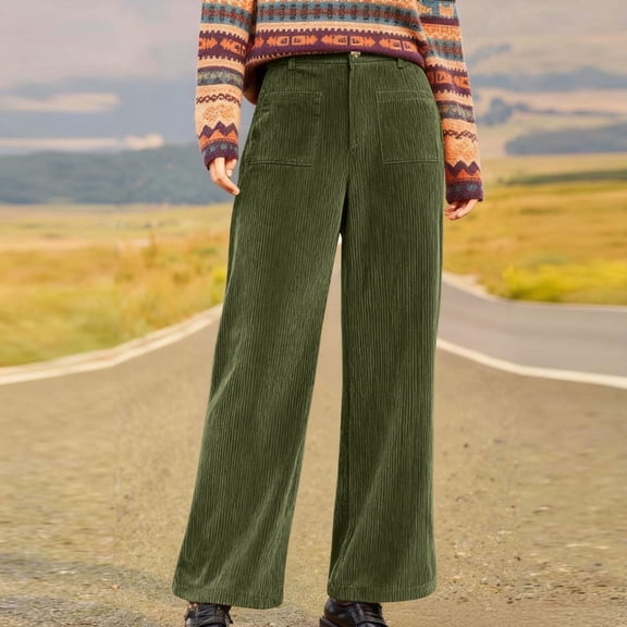 Juslio Womens Pants Comfortable Vintage Corduroy High Waist Casual Straight Pants