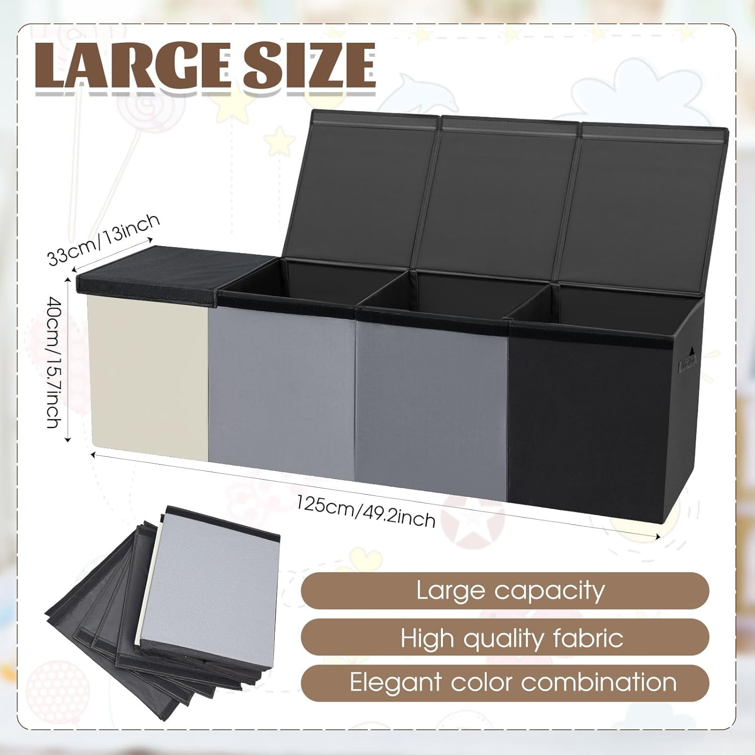 Large Toy Box Chest with Lids 4/3 Grids Large Collapsible Kids Storage Basket for Boys Girls Living Room Nursery Playroom