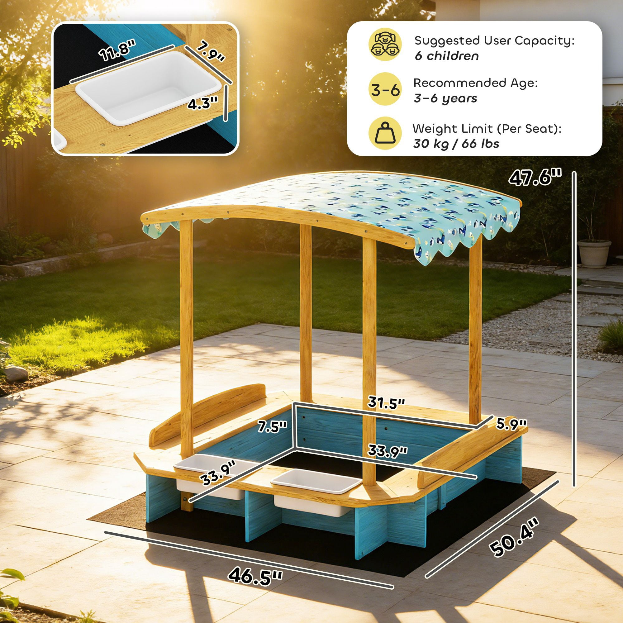 Wooden Kids Sandbox with Dinosaur Print Canopy, 3-Sided Bench Seats for 6 Children, Removable Storage Boxes Bottom Liner Fir Wood Outdoor Sand Play Pit for Backyard Ages 3-6 Blue
