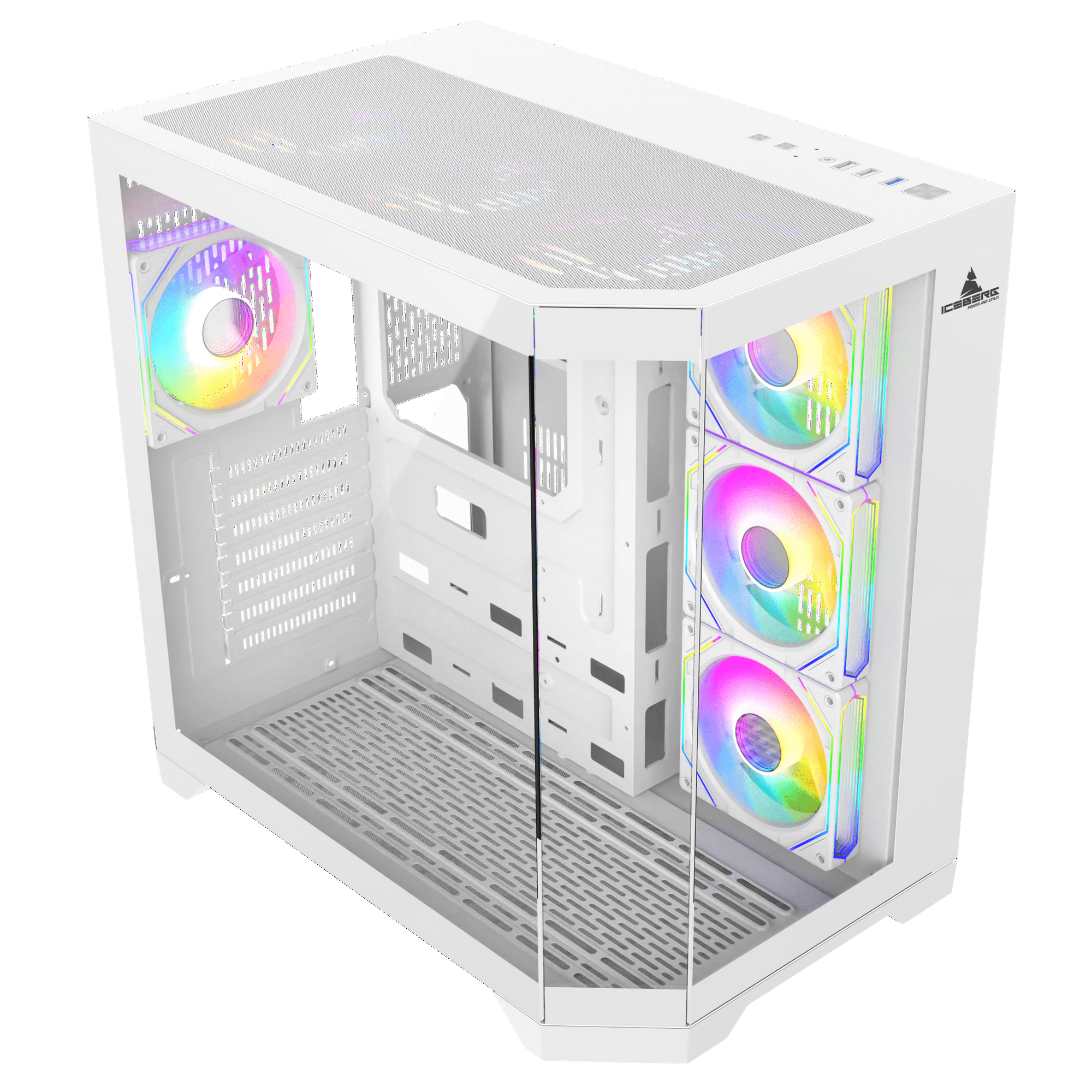 Iceberg PC Gaming ATX Case Crystal Edge Full Panoramic View Three Sides Tempered Glass Window with Seven high-Performance Fans aRGB (White)