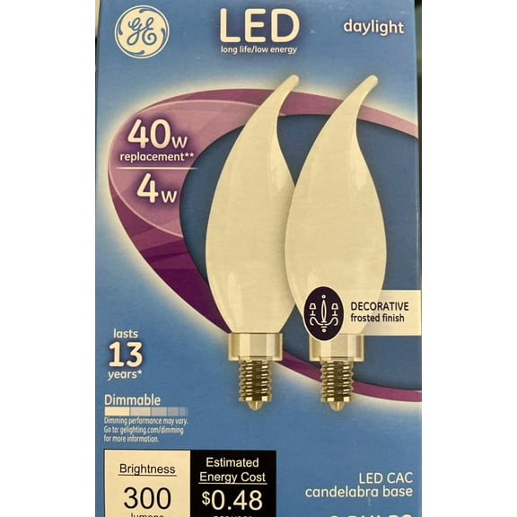 GE LED CAC Frosted candelabra daylight Dimmable 300 lumens 2 pack