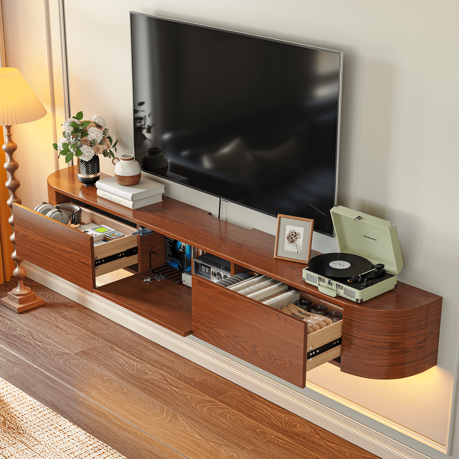 FloatiCasa 78 inch Fully Assembled Floating TV Stand Wall-Mounted Natural Wood Veneer Entertainment Center for TVs up to 78"