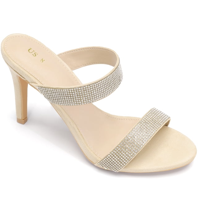BLISSFUL STEP Women's Open Toe Stiletto High Heel Rhinestone Mules Sandals