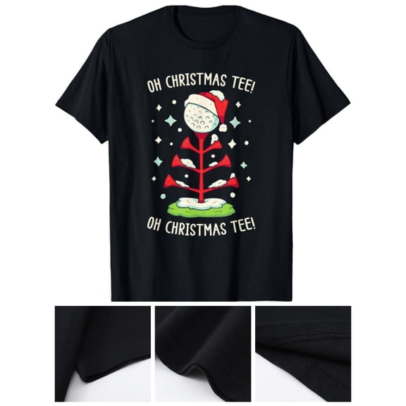 1pc Men'S Golf Christmas T-Shirt - Funny "Oh Christmas Tree" Pun, Cotton Crew Neck, Slight Stretch, Geometric Pattern, Sports & Casual Wear, Four Seasons, Knit Fabric, Regular Fit