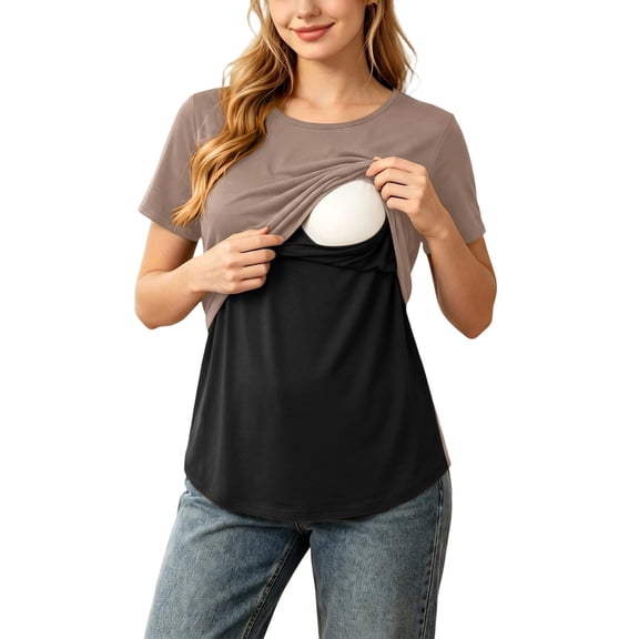 Gytharion Breastfeeding Pregnancy T-shirts for Women Crewneck Short Sleeve Maternity Blouse Color-bloking Comfortable Nursing Tops