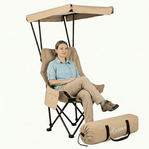 1 Pack Khaki Foldable Camping Chair with Adjustable Detachable Sun Canopy, Oversized Portable Outdoor Lawn Chair with Side Storage Pocket, Fold Up Patio Beach Fishing Lounge Chair with Carry Bag
