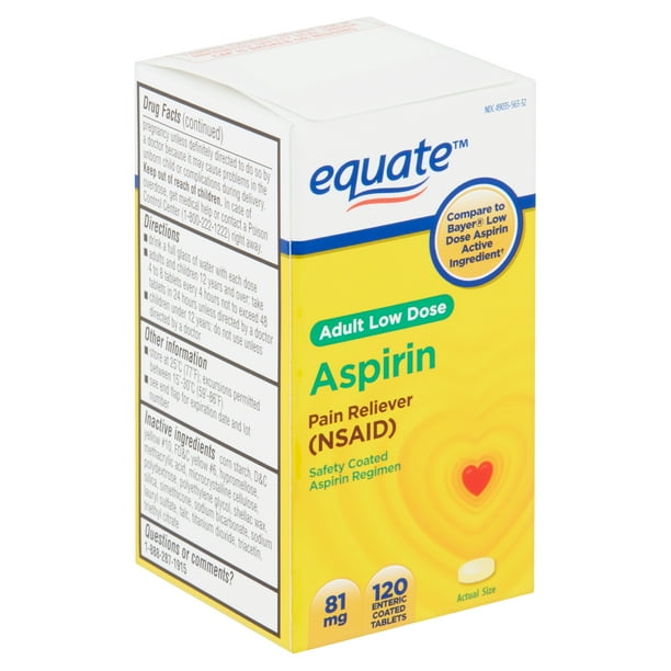 Equate Pain Reliever Adult Low Dose Aspirin Enteric Coated Tablets, 81 mg, 120 Count Walmart