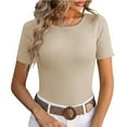 thumbnail image 2 of Tiqkatyck Women Summer Tops, Women's Fashion Short Sleeve Solid Color Round Neck Bottoming Tight Ice Silk T Shirts, Shirts for Women Beige L, 2 of 5