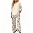 thumbnail image 4 of 2 Piece Lounge Set Women Vacation Dressy Outfits 3/4 Sleeve V Neck T Shirt & Wide Leg Pants Sets Cozy Cruise Clothes, 4 of 6