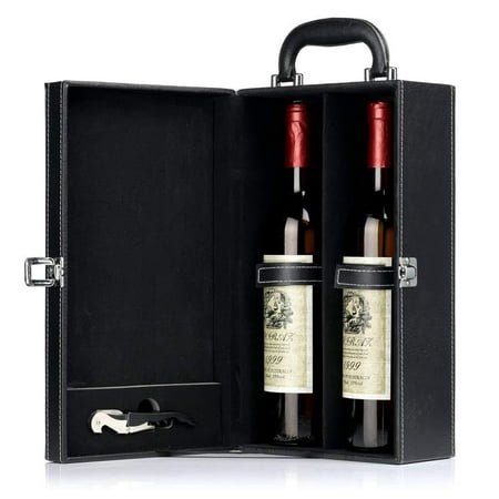 HiCrast Wine Gift Box, Leather Wine Case for 2 Standard Wine Bottles, Handmade Premium Wine Carrier with Corkscrew - Best Wine Gift idea for Man Friends - Modern Black Top Handle Wine Box
