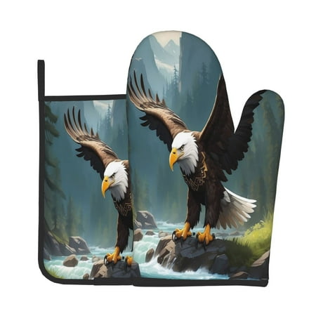 

Bingfone Forest River Bald Eagle Print Oven Mitts Pot Holders Set 2 PCS for Kitchen for Cooking Grilling Baking BBQ Pot Holders Cook Essentials