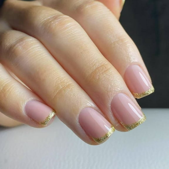 KUFptva 24x Short Square False Nails French Tip Stick On Nails Artificial Nails Glossy Press On Nails Glittering Acrylic Nails