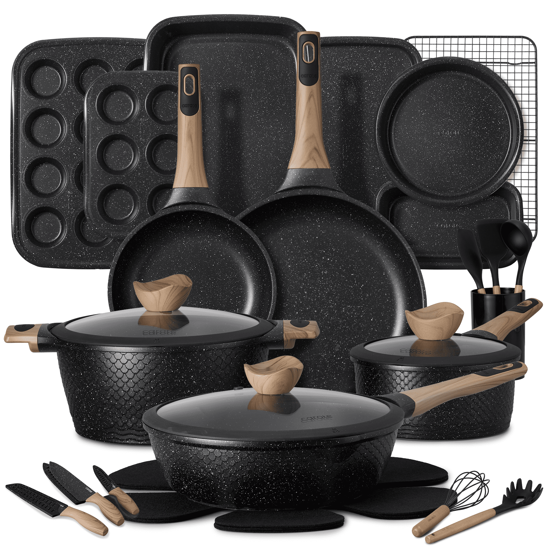 Carote 32-Piece Nonstick Pots and Pans, Granite Cookware Set with Bakeware & Knives, Black