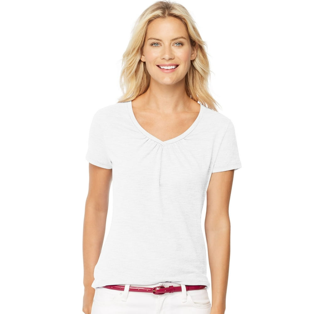 Hanes Hanes Women`s Short Sleeve Shirred V Neck Tee 2xl White