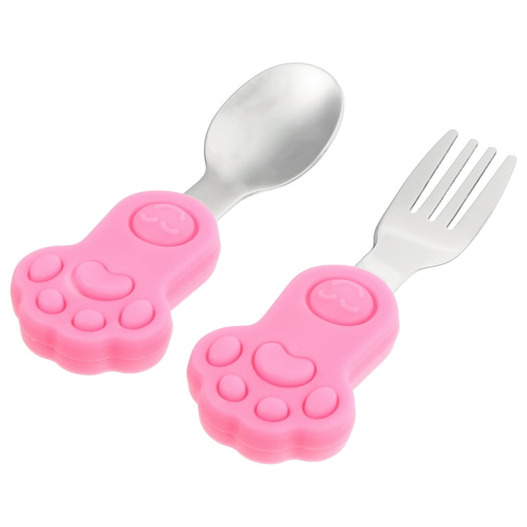 Hemoton 1 Set of Steel Spoon Fork Silicone Toddler Feeding Spoon for Kids Dinning, Size: 10.00