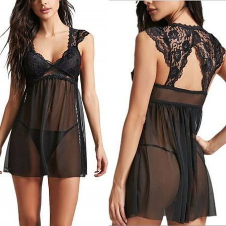 

Women 2PCS Lace Babydoll Lingerie Sexy Mini Perspective Chemise Mesh Wedding Nightie Bridal Nightdress G-String Set