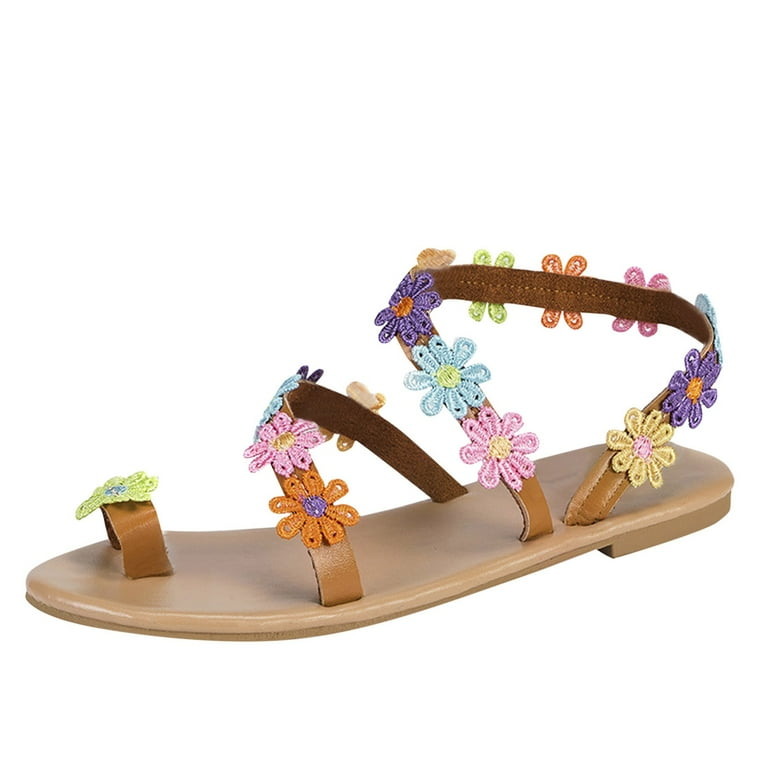 Mepaouo Womens Flower Flip Flops Toe Ring Non Slip Flats Summer