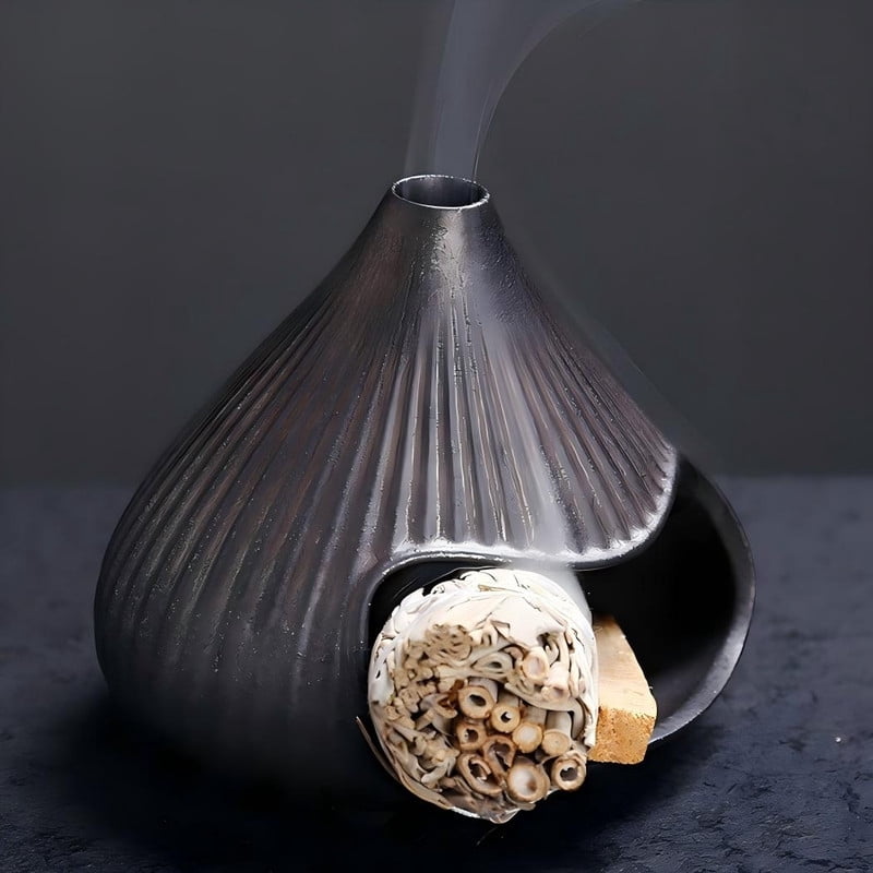 Ribbed Terracotta Cone Palo Santo Holder - Ceramic Incense Burner with Ash Catcher, Rustic Wabi-Sabi Style Palo Santo Holder Stick Holder for Smudging, Meditation, Yoga & Boho Home Decor Black