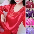 thumbnail image 2 of Skymirror 2 Pcs/Set Women Pajamas Set Silky Long Sleeves V Neck Solid Color Loose Sleeping Lace Plus Size Women Nightie Set for Bedroom, 2 of 8