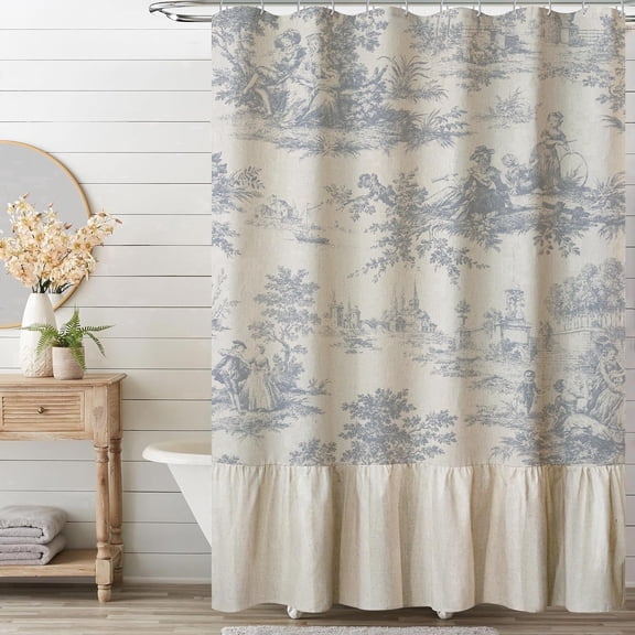 Ruffle Linen Shower Curtain with Blue and White Toile de Jouy for Vintage French Country Bathroom Decor Shabby Chic Chateau Toile Pattern 72x72 Inches