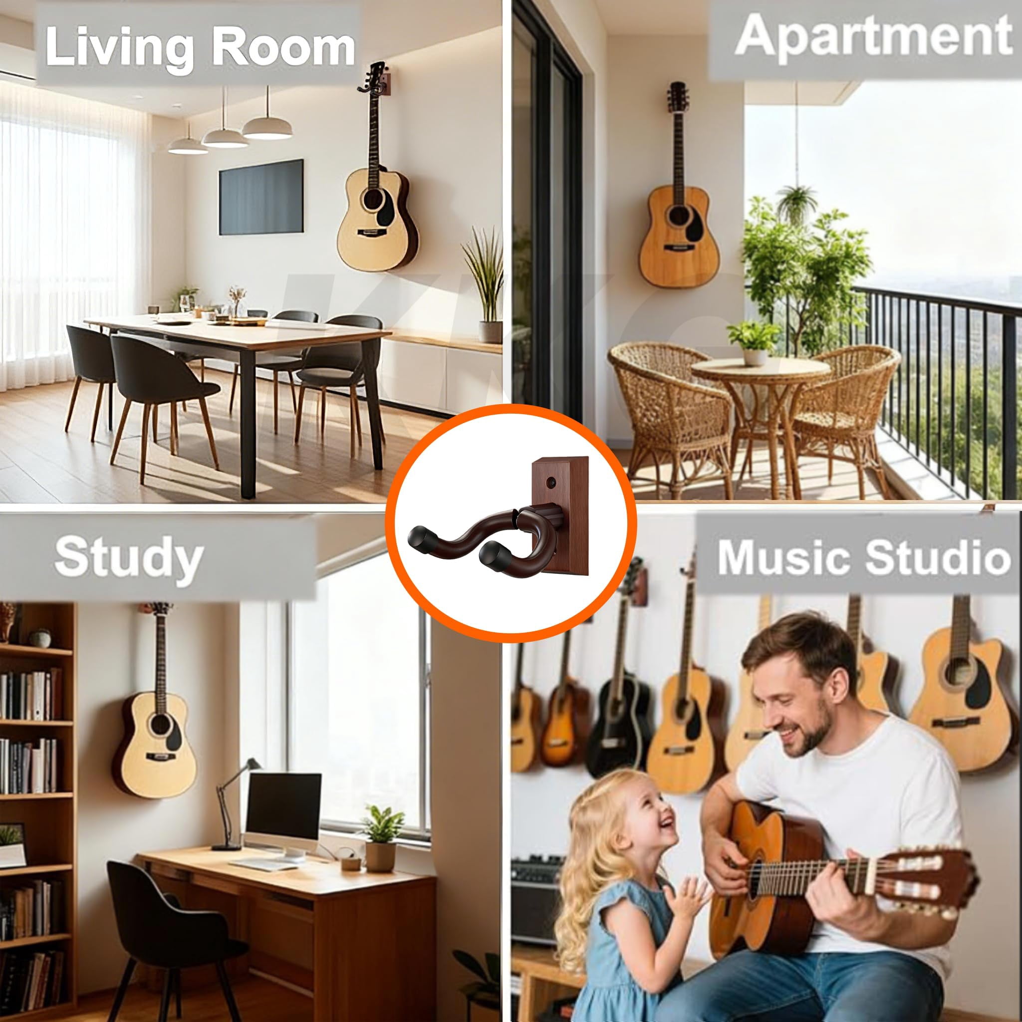 6 Pack Guitar Brown Wall Mount  Solid Wood U-shaped Hanger For Acoustic Electric Banjo Bass - Holder Hook Stand Player