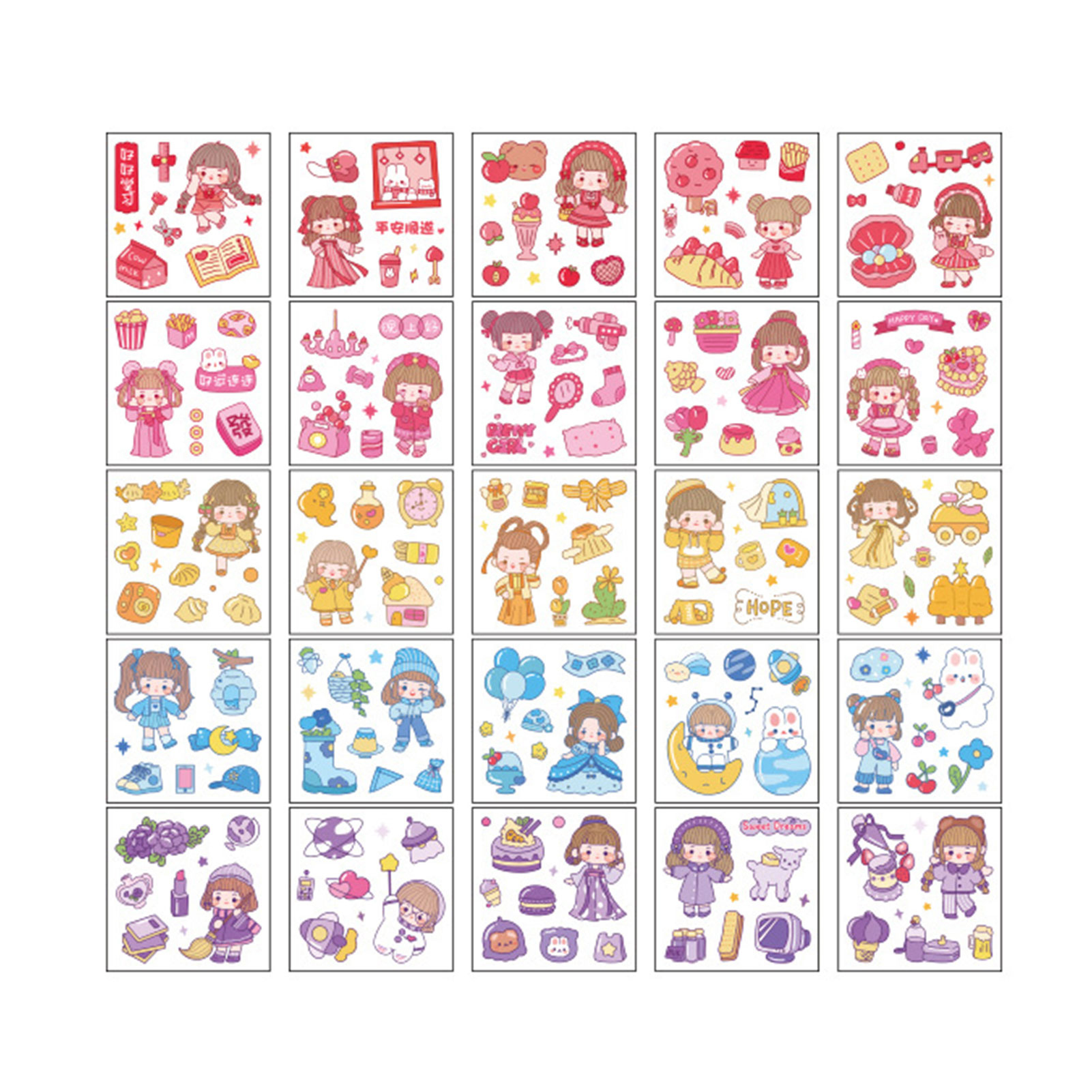 Vearear 100Pcs/Box Paper Stickers Cartoon No Duplicate with Cut Film Portable Easy to Store Decoration Pet Painter's Daily Life Craft Stickers Girl