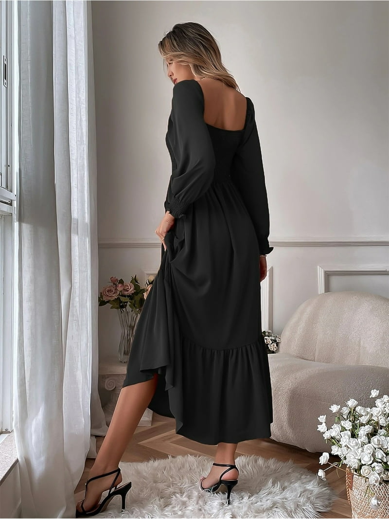 Women's Shirred Long Sleeve Boho Dress A Line Ruffle Swing Midi Dress, Black,  X-Large - Walmart.com