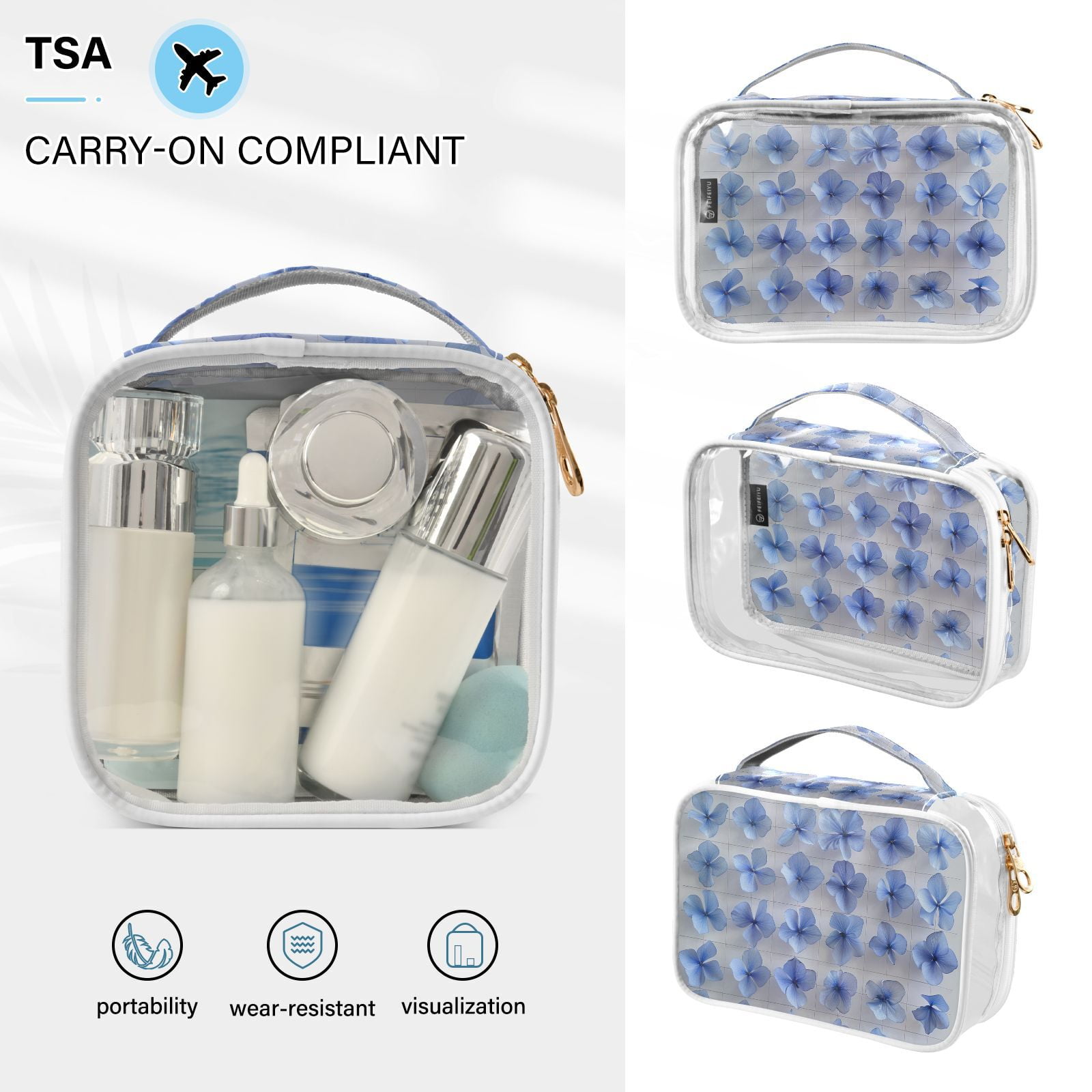 Clear Makeup Bags with Handle Large Opening 2 Pack Set Toiletry Bag Quart Size Bag, for Women Man Traveling Travel Essentials, Toiletries and Other. Flowers Cobalt Blue