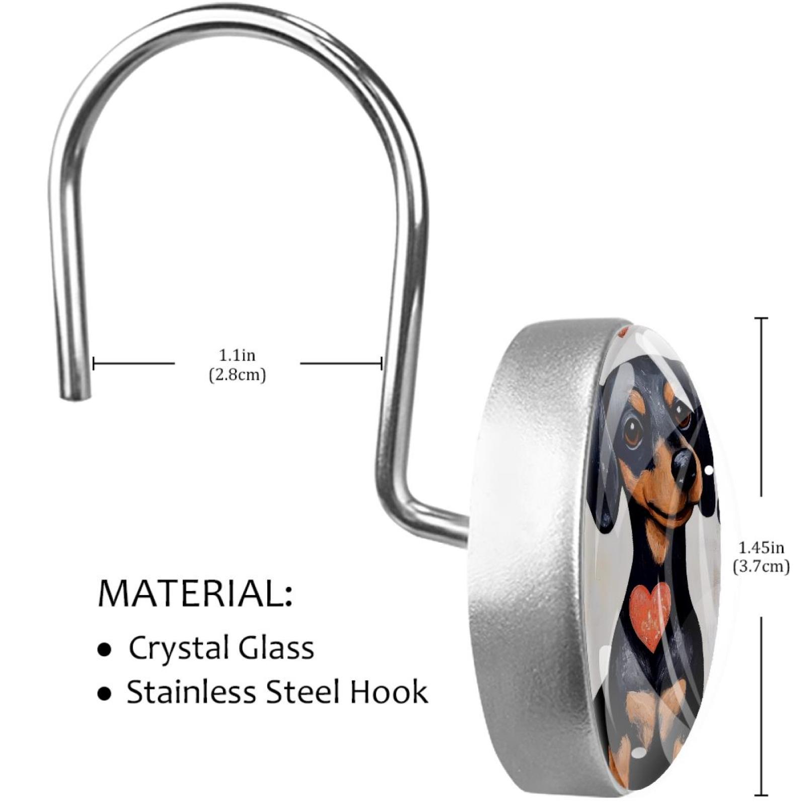 Black Dog Couple with Heart Shower Curtain Hooks Round Crystal Glass, Set of 12 Shower Curtain Rings - Shower Hooks for Curtain Shower Rings