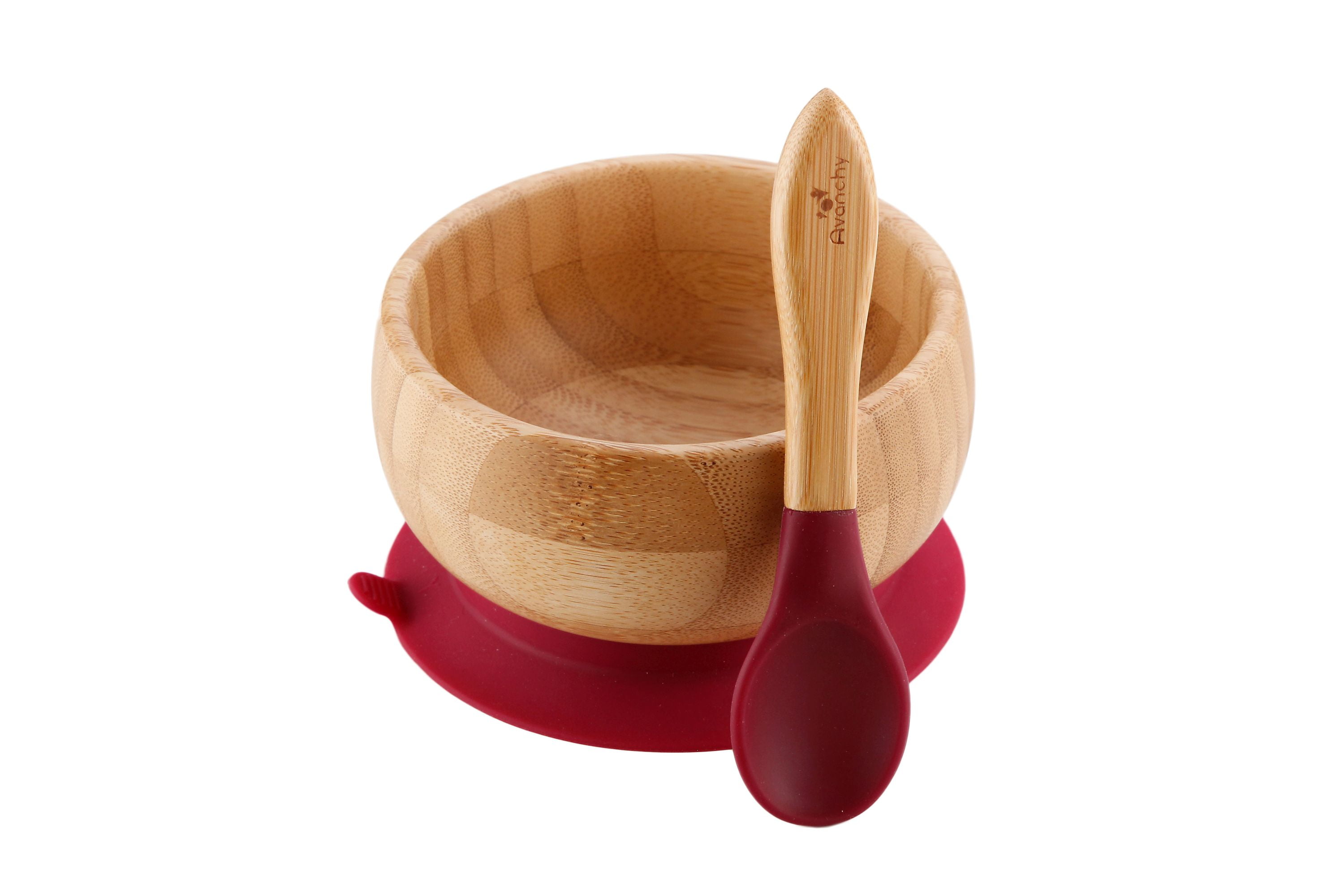Avanchy Bamboo Stay Put Suction Baby Bowl + Spoon Magenta