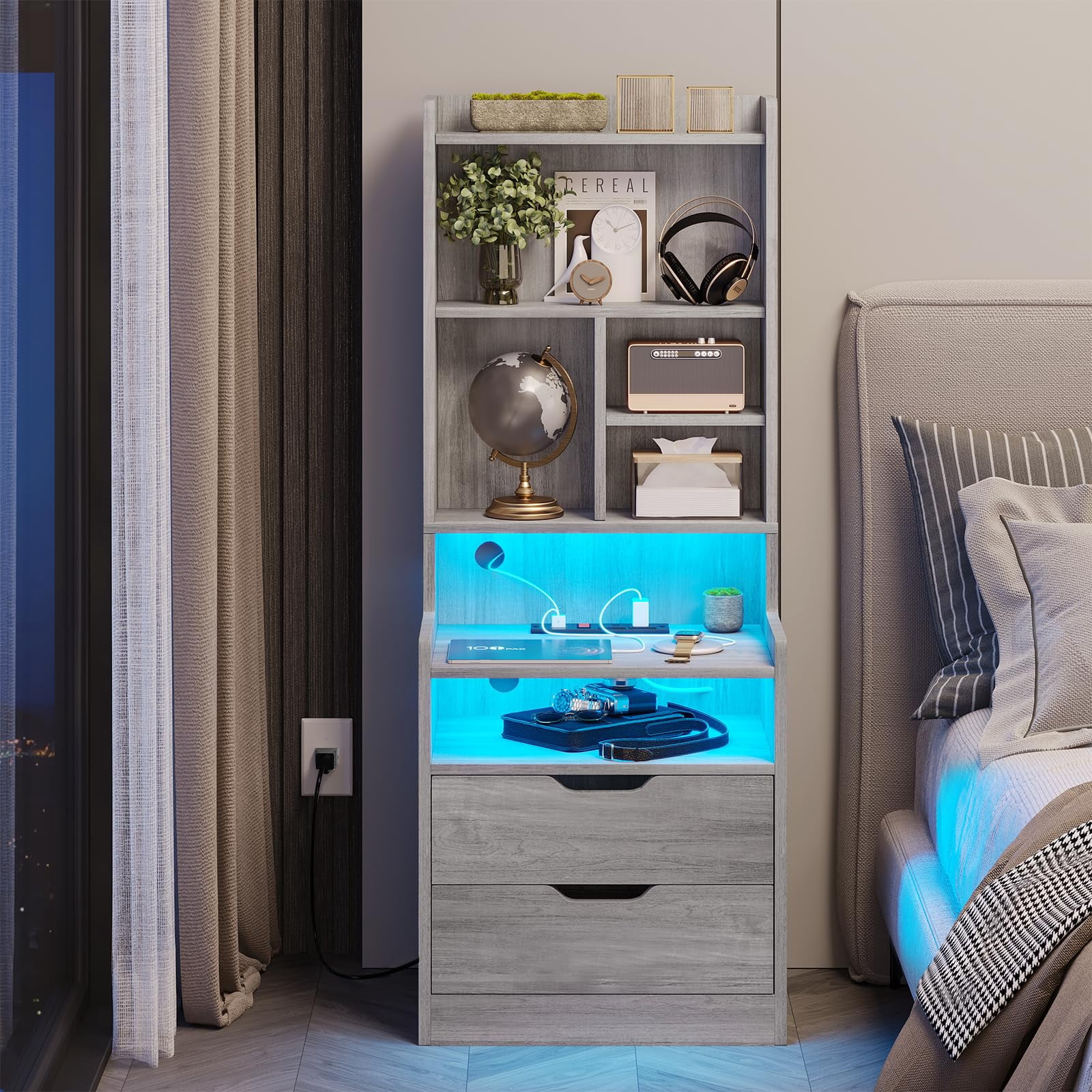 Afuhokles Tall Nightstand Set of 2 with Charging Station and LED Lights, Night Stand with Bookshelf,Bedside Table with Drawers, Gray