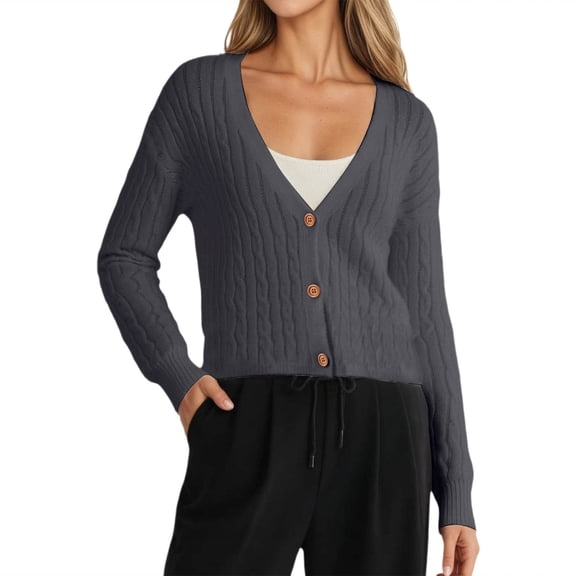 Wang6 Women Lightweight Cropped Cardigans Sweaters Trendy Long Sleeve Button Cable Knit Sweater Fall V Neck Knitted Outwear Tops GY2 One Size