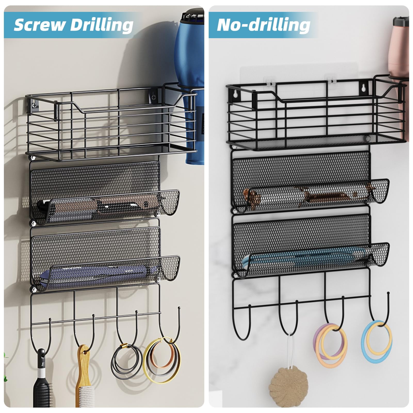 Subekyu Metal Hair Tool Organizer Wall Mount, Hair Dryer Holder with 3 Tier Shelf Basket Hooks, Bathroom Hair Styling Tool Organizer